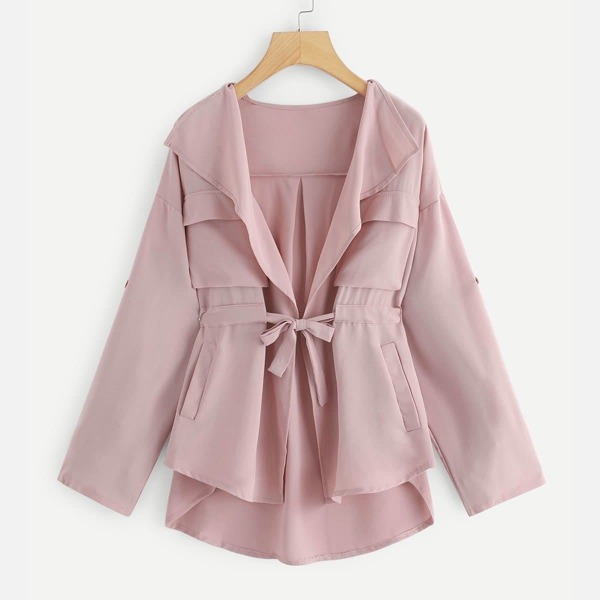 

Drawstring Waist Waterfall Solid Outerwear, Pink