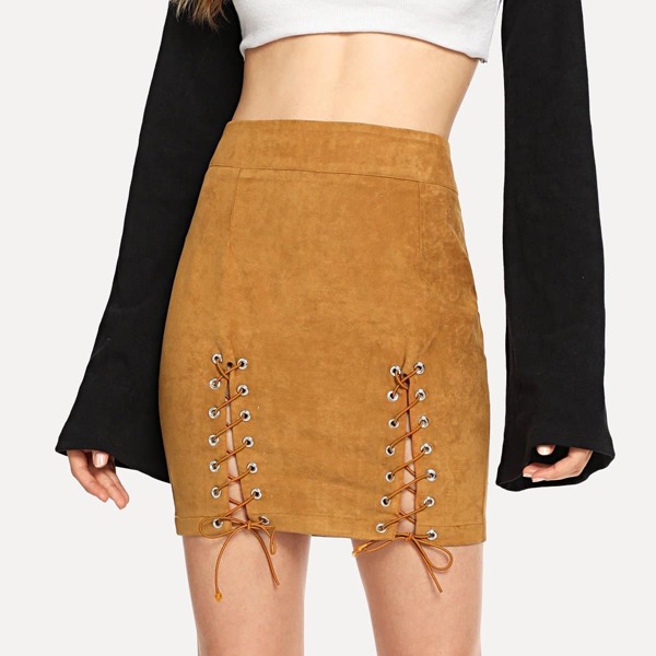 

Grommet Lace Up Suede Skirt