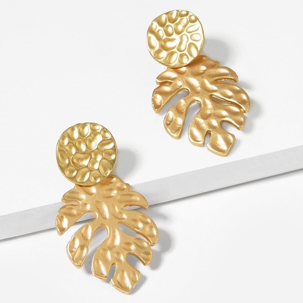 

Textured Tropical Leaf Shaped Drop Earrings 1pair, Gold