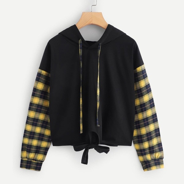 

Plaid Panel Knot Hem Drawstring Hoodie, Black