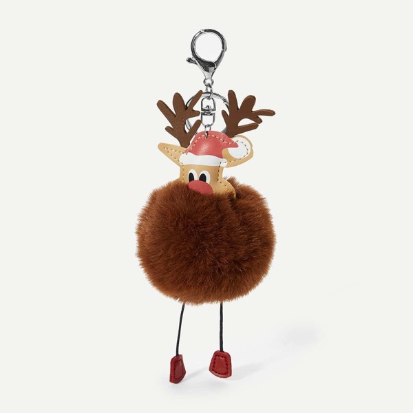 

Christmas Deer Detail Pom Pom Keychain, Brown