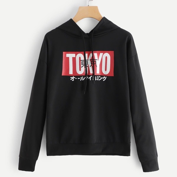 

Letter Print Drawstring Detail Hoodie