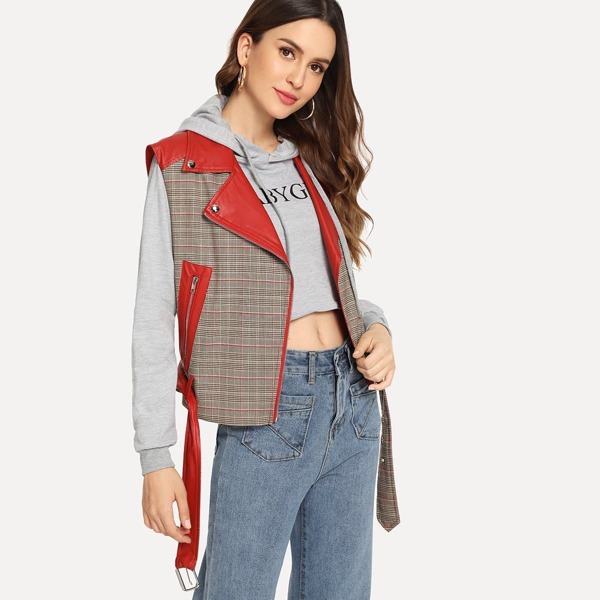 

Fringe Trim Belted Hem Plaid Sleeveless Jacket, Multicolor