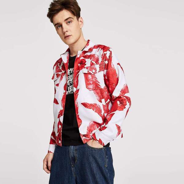 

Men Jungle Leaf Print Button Up Jacket, Multicolor