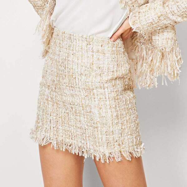 

Fringe Hem Tweed Skirt