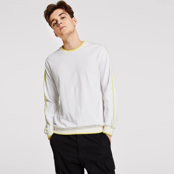 

Men Crew Neck Contrast Tipping Rib Knit Hem Pullover, White