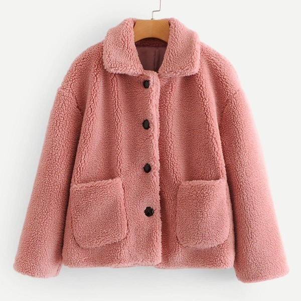 

Pocket Front Button Teddy Coat, Pink