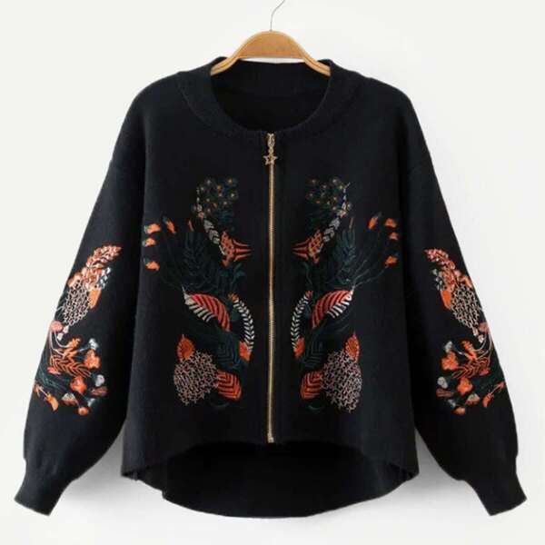 

Embroidery Zipper Up High Low Sweater Coat