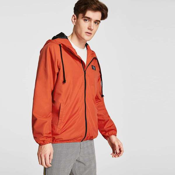 

Men Patched Detail Windbreaker Jacket, Orange