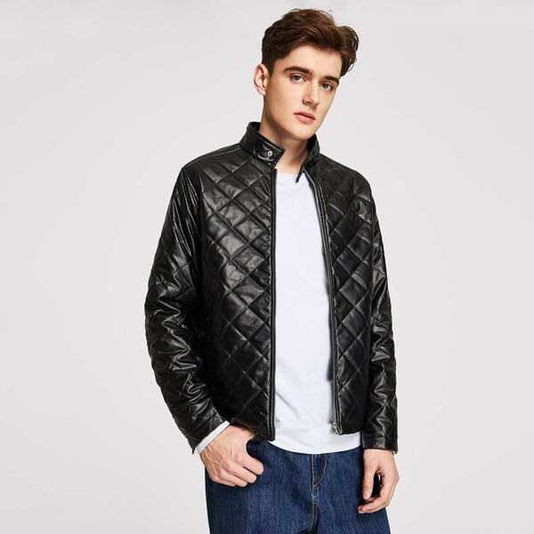 

Men Quilted Faux Leather Jacket, Black