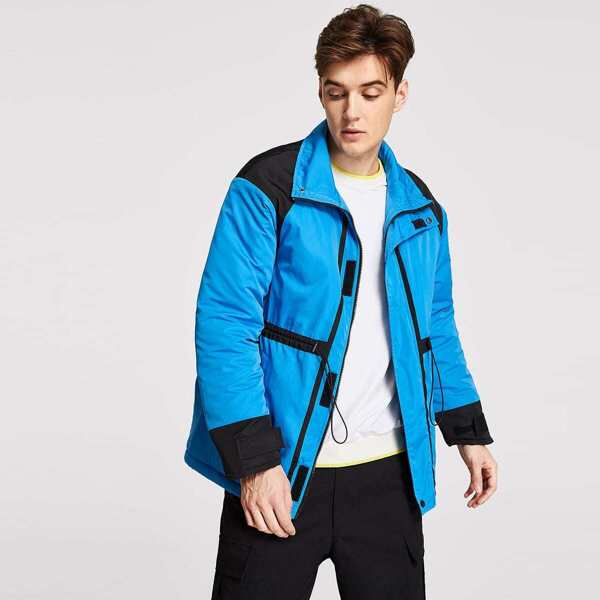 

Men Color Block Drawstring Waist Jacket, Blue