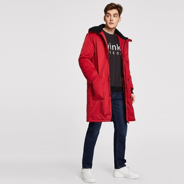 

Men Pocket Front Hooded Parka Coat, Red