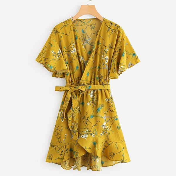 

Floral Print Surplice Self Tie Waist Dress, Mustard yellow