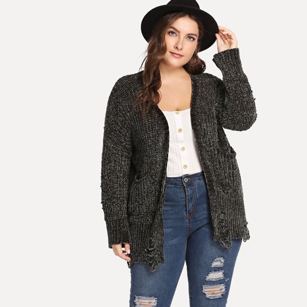 

Plus Ripped Marled Knit Chenille Cardigan