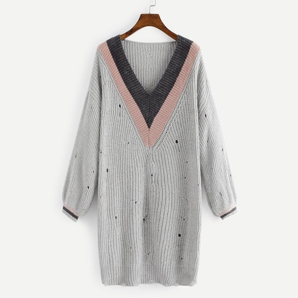

Striped Trim Eyelet Longline Sweater