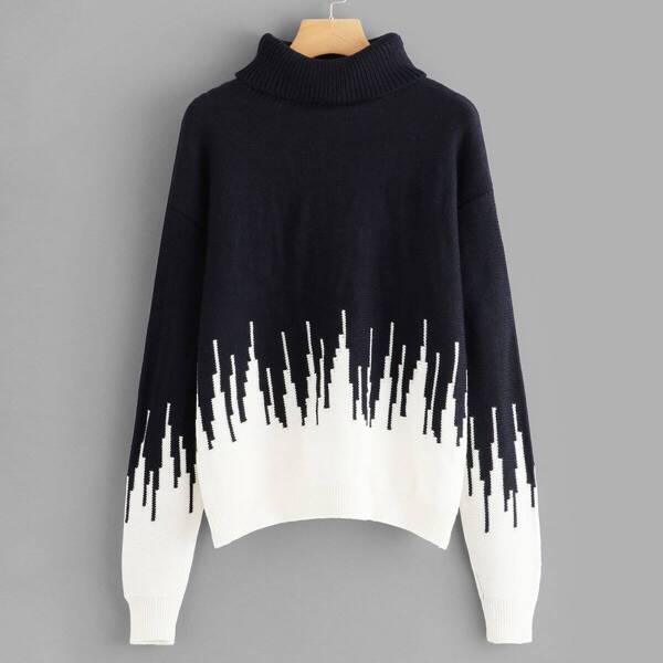 

Rolled Neck Two Tone Sweater, Black and white