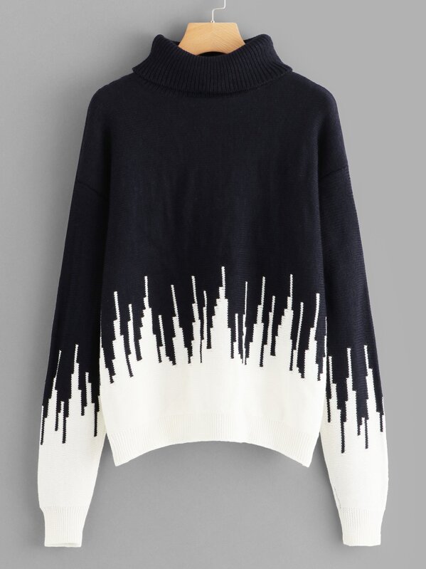 

Rolled Neck Two Tone Sweater, Black and white