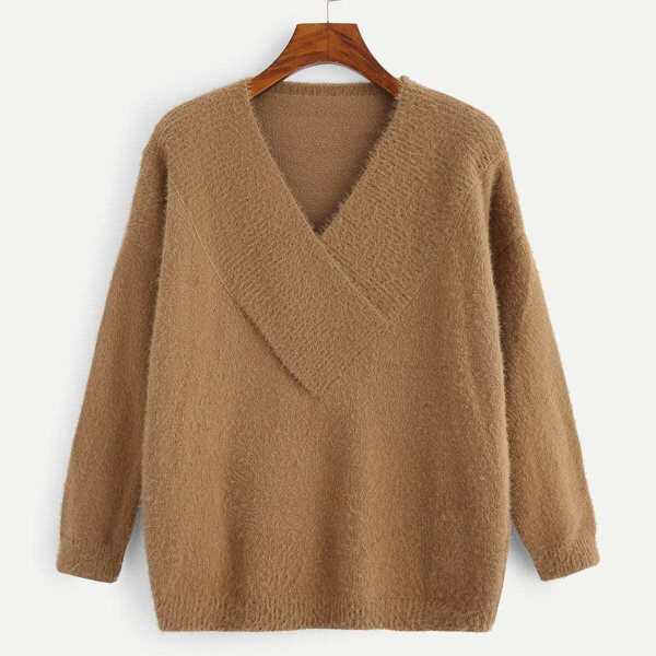 

V Neck Solid Fuzzy Sweater