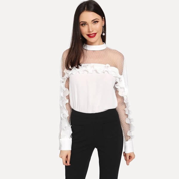 

Geo Mesh Ruffle Trim Top, White