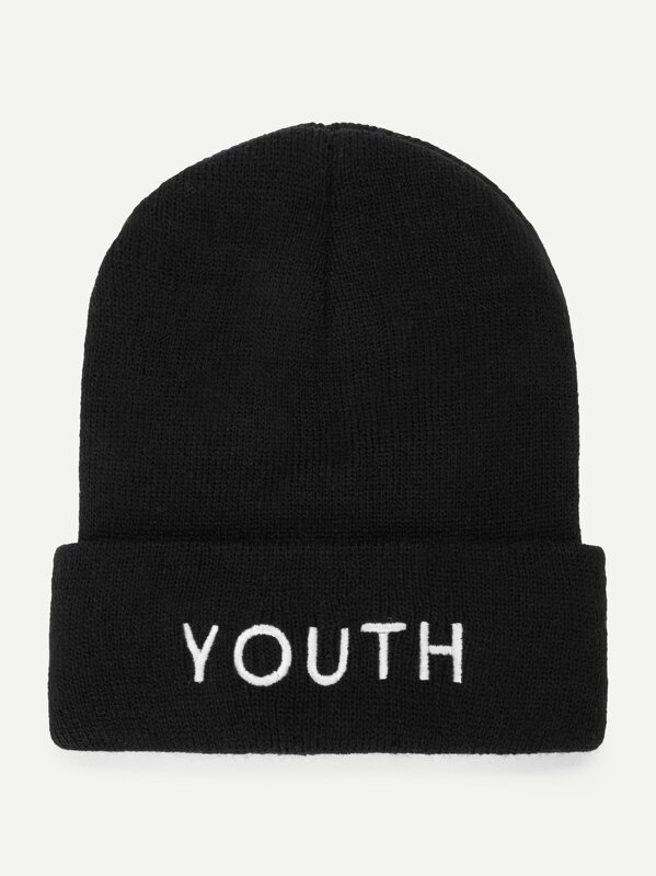 

Embroidered Letter Beanie Hat, Black