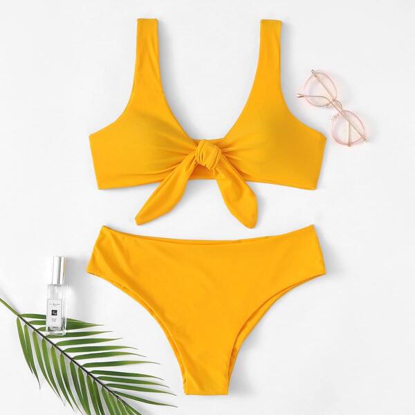 

Knot Front Plunging Bikini Set, Bright mustard yellow