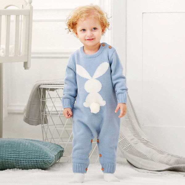 

Toddler Boys Rabbit Pattern Knit Jumpsuit, Blue