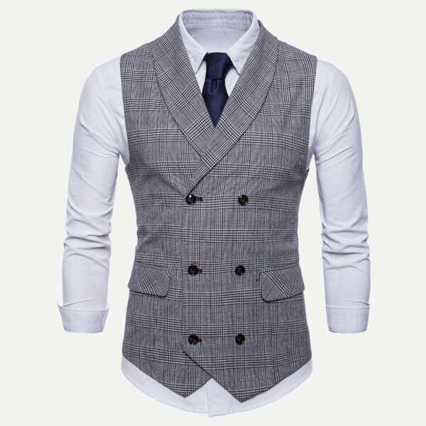 

Men Plaid Double Breasted Pointed Hem Vest, Grey