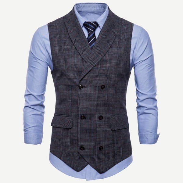 

Men Plaid Double Breasted Pointed Hem Vest