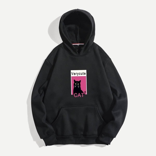 

Men Letter And Cat Print Hoodie