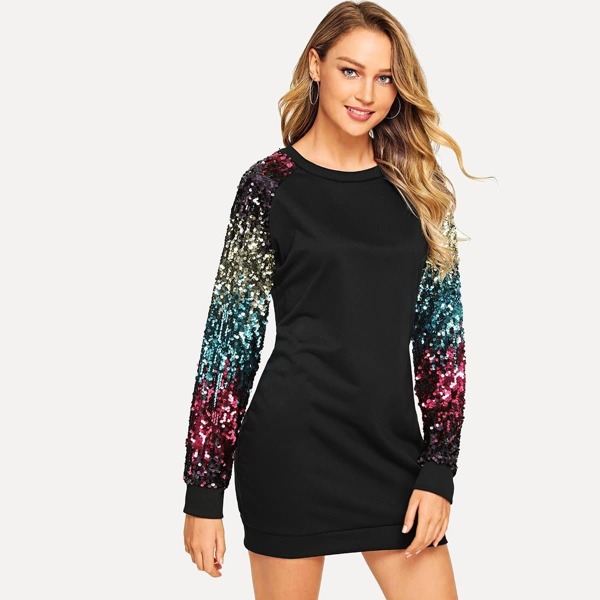 

Ombre Sequin Sleeve Sweatshirt Dress, Black