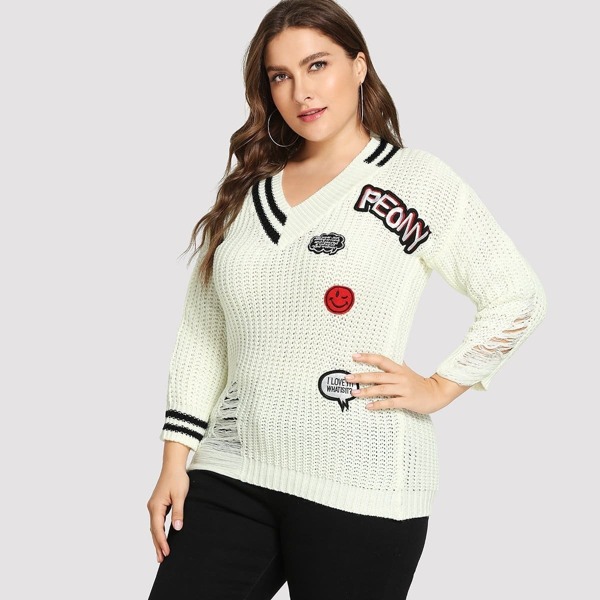 

Plus Patched Decoration Ripped Detail Sweater, White