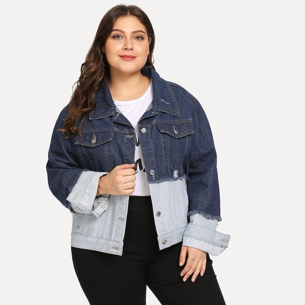 Plus Raw Trim Spliced Denim Jacket