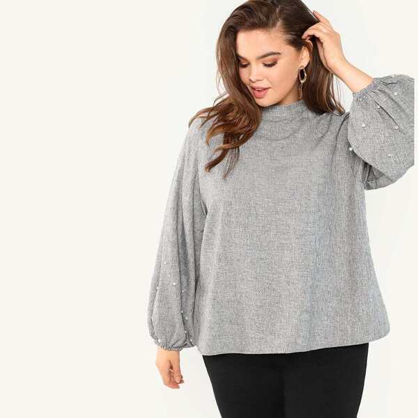 

Plus Mock Neck Pearl Detail Top, Grey