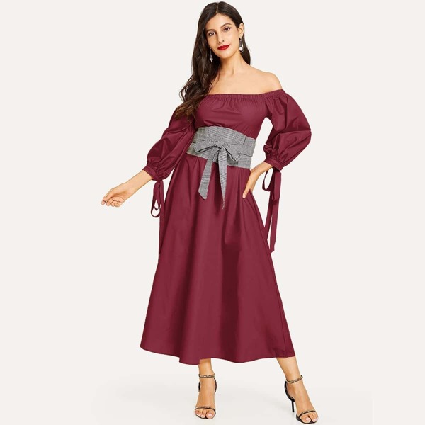 

Lantern Sleeve Bardot Dress with Plaid Obi Belt, Burgundy