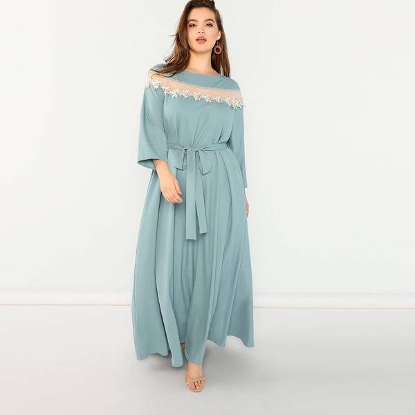 

Plus Mesh Insert Applique Detail Dress, Blue