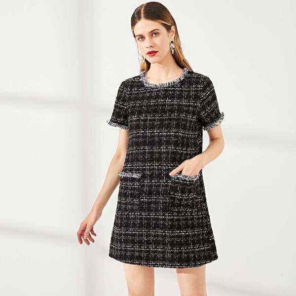 

Frayed Edge Pocket Front Tweed Dress