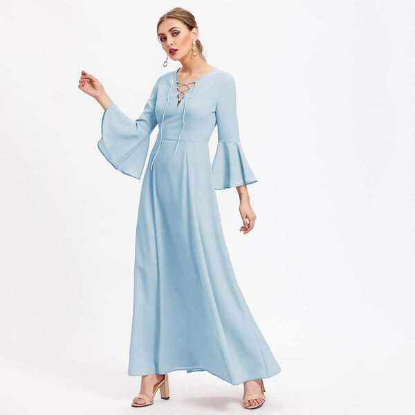 

Lace Up Front Fluted Sleeve Dress, Blue