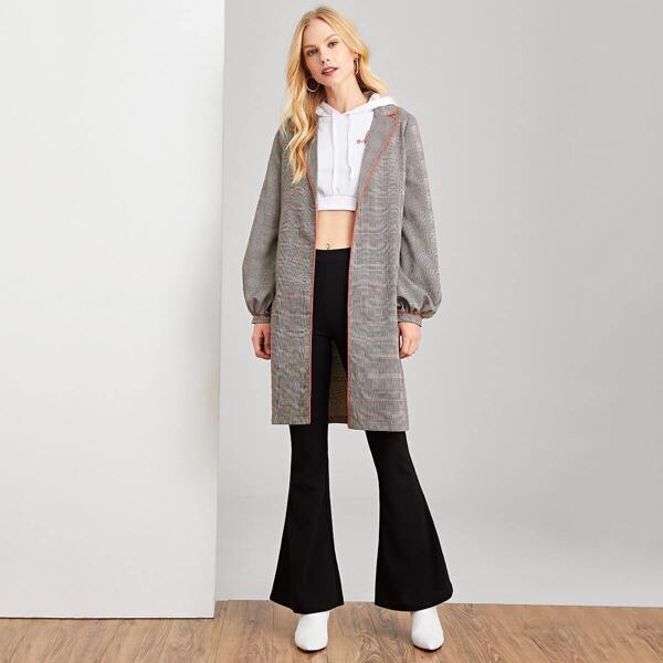 Contrast Binding Plaid Print Coat, Grey