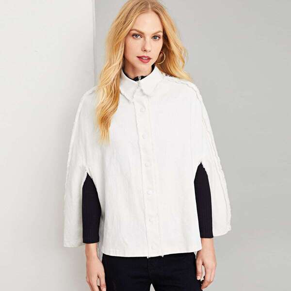 

Button Up Collar Neck Solid Coat, White