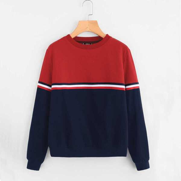 

Striped Woven Tape Detail Two Tone Sweatshirt, Multicolor