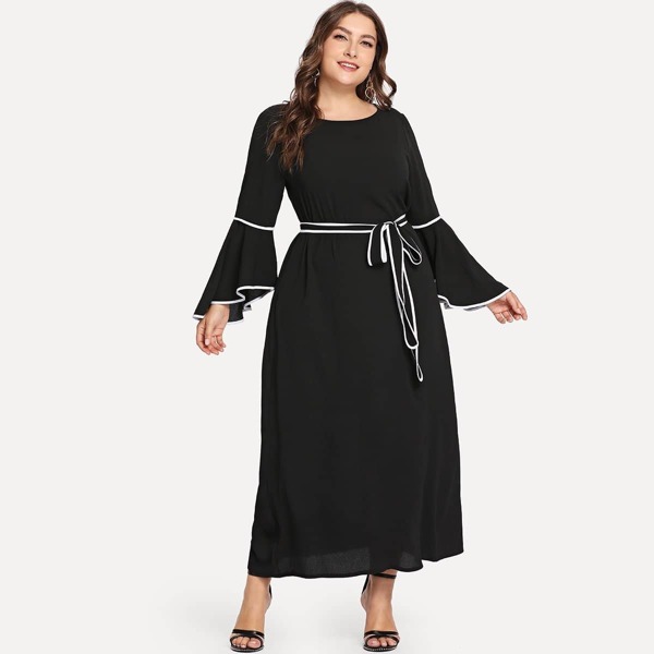 

Plus Frill Trim Belted Dress, Black