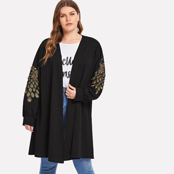

Plus Peacock Embroidered Coat, Black