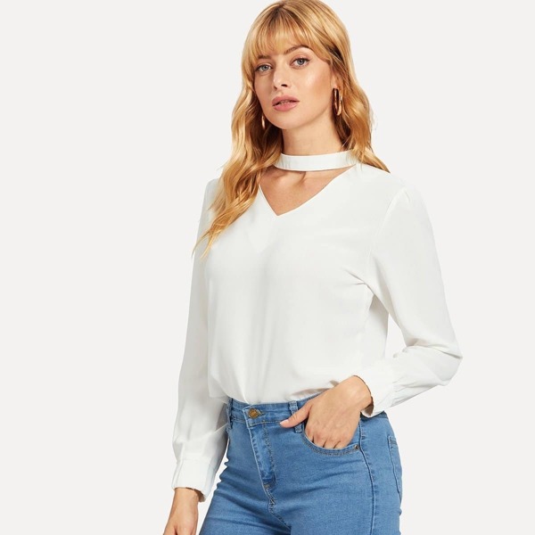 

V Cut Choker Neck Solid Blouse