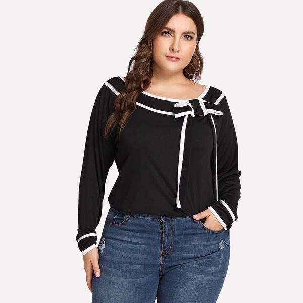 

Plus Contrast Binding Bow Detail Top
