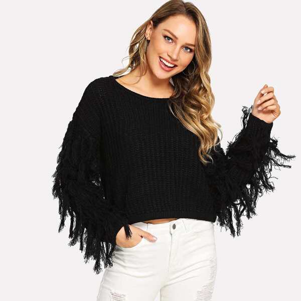 

Fringe Detail Solid Sweater