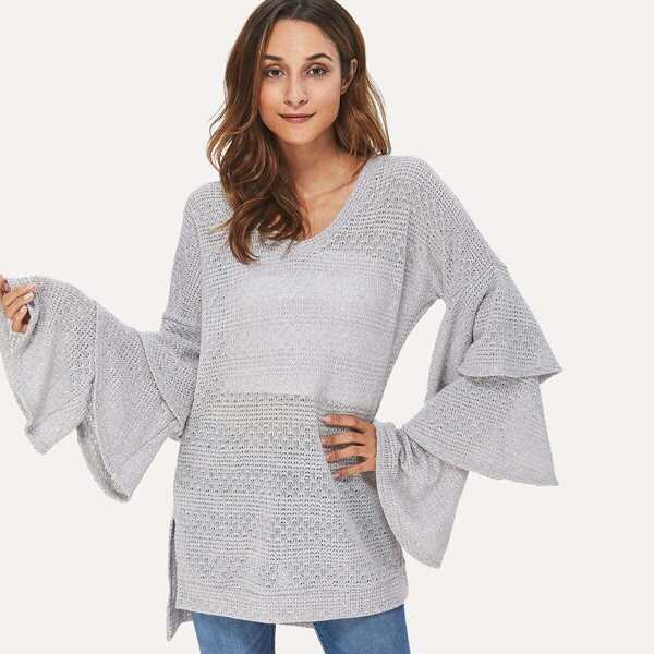 

Layered Sleeve Solid Sweater, Grey
