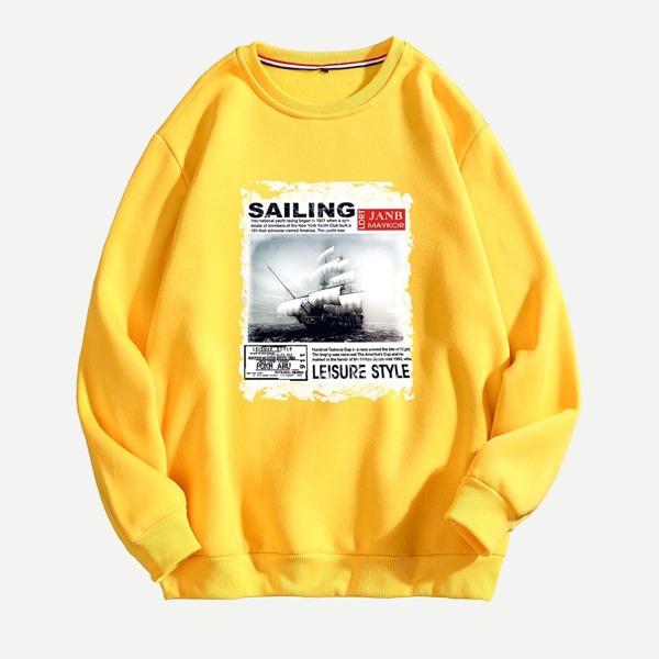 

Men Crew Neck Letter Print Sweatshirt, Yellow