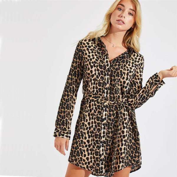 

Leopard Print Curved Hem Shirt Dress