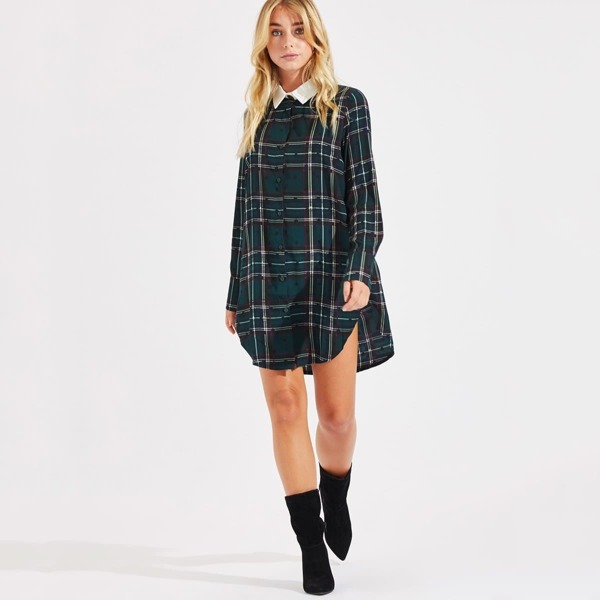 

Contrast Collar Curved Hem Plaid Shirt Dress