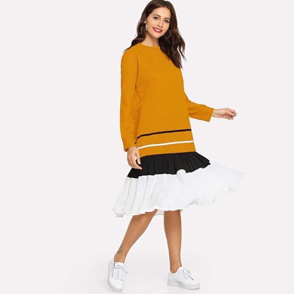 

Contrast Striped Ruffle Hem Dress, Yellow